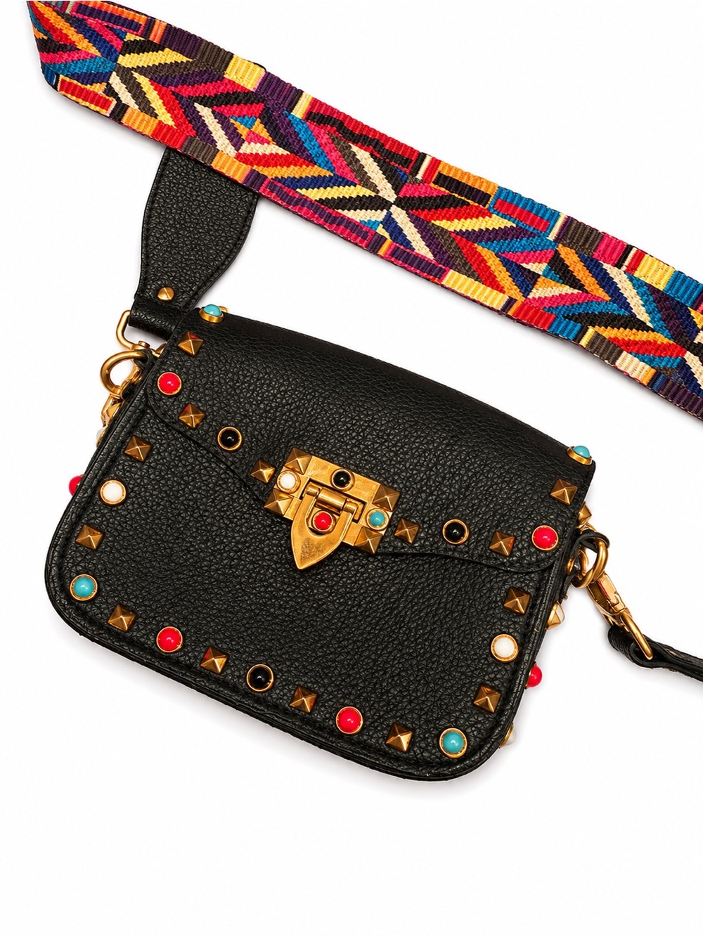 Genuine Leather Guitar Rolling Stud Shoulder Bag w/Strap • Black/Studs • New - Picture 4 of 7